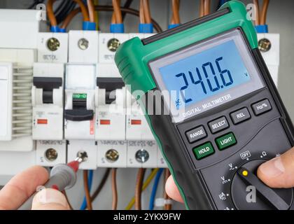 Voltage Measurement in Circuit Breaker Panel with Digital Multimeter Stock Photo