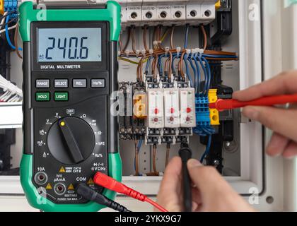 Digital Multimeter Measuring Voltage in Electrical Circuit Stock Photo