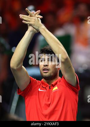 Malaga, UK. 19 November, 2024. Carlos Alcaraz of Spain, celebrates after winning during the 2024 Davis Cup quarter finals against Tallon Griekspoor, of Netherlands, at Palacio de Deportes Jose Maria Martin Carpena Arena in Malaga. Credit: Isabel Infantes/Alamy Live News Stock Photo