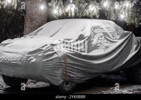 Car covered with snow and a tarp under a tree decorated with glowing lights at night, in a suburban driveway on a cold winter night Stock Photo
