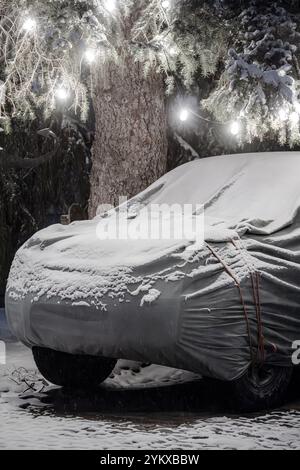 Car covered with snow and a tarp under a tree decorated with glowing lights at night, in a suburban driveway on a cold winter night Stock Photo