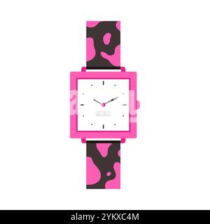 Stylish mechanical wristwatch with leopard pattern on pink and black leather strap vector illustration Stock Vector