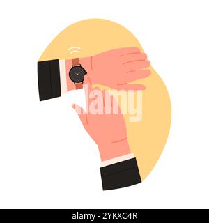 Businessmans fingers pressing button on wristwatch to measure time interval vector illustration Stock Vector