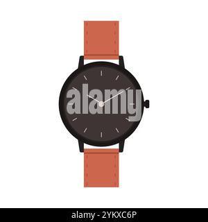 Classic analog wristwatch with round dial and brown leather strap vector illustration Stock Vector