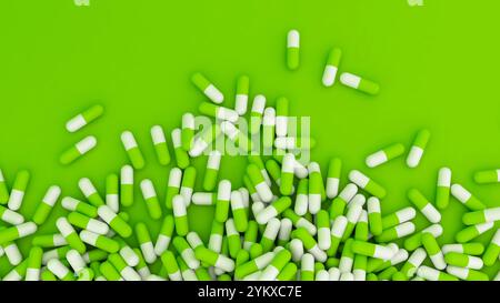 Green herbal medical pills and capsules heap on green background top view. 3D illustration high resolution Stock Photo