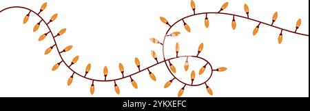 One line garland with Christmas lights. Doodle style decoration with continuous of bulbs. Flat vector illustration isolated on white background. Stock Vector