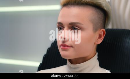 Caucasian woman girl lady businesswoman cyber gamer metaverse looking at camera smile close up face confident female modern digital cyberspace game Stock Photo