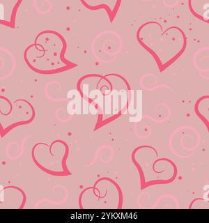 Pink hearts and curls on a light pink background, seamless pattern Stock Vector