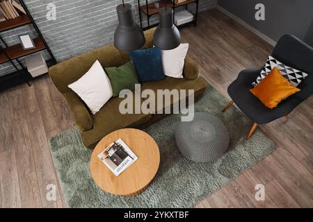Interior of living room with lamps, sofa and armchair, top view Stock Photo