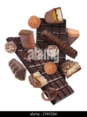 Different chocolate products in air on white background Stock Photo