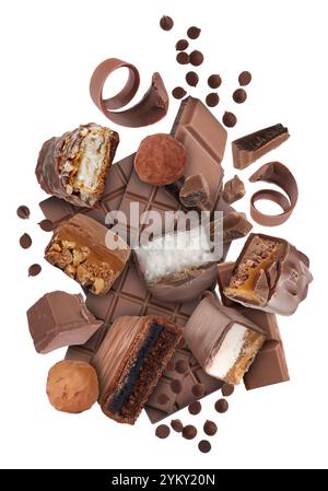 Different chocolate products in air on white background Stock Photo