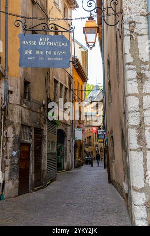 Rue Basse du Chateau in Chambery, part of its medieval history, an 11th century alpine town in Southeast France and once the home to philosopher Rouss Stock Photo