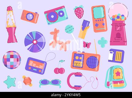 Classic 80s and 90s elements set. Vinyl disc, air balloon toy and consoles with video games. Era hippie objects. Headphones, rollers and sunglasses Stock Vector