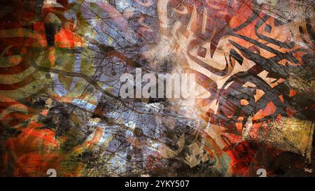 Painting on canvas. Arabic calligraphy wallpaper on a brown wall mixed with old paper overlapping wallpaper. Translating "overlapping Arabic letters" Stock Photo