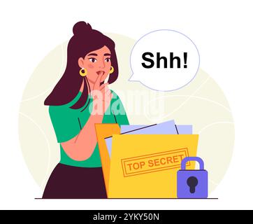 Woman with top secret file. Security and safety of personal information and data. Folder with secret documents. Archive and storage. Flat vector Stock Vector