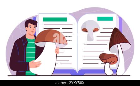 Man with book about mushrooms. Young guy with huge mushroom in his hand near open book. Harvesting and crop. Healthy eating. Flat vector illustration Stock Vector
