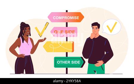 People with compromise. Man and woman near signs with inscriptions. Metaphor of decision making. Colleagues and partners working on common project Stock Vector