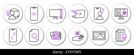 Seo file and approved line icons set. Laptop, computer and smartphone. Analysis of user behavior. Promotion of website and page on Internet. Linear Stock Vector