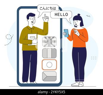 People with translator. Woman and man on smartphone communicate on Internet and social networks. International communication and interaction. Linear Stock Vector