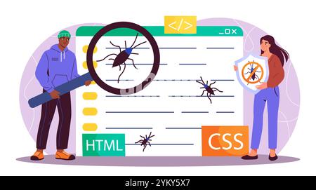 Code testing team. Woman and man with magnifying glass look at insects in text. Programmers correct code in application and program. IT specialists Stock Vector