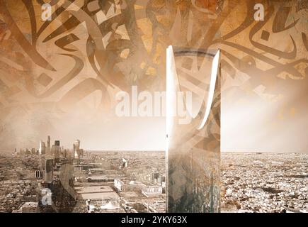 Arabic calligraphy wallpaper on Picture of Riyadh city in brown background .subtitles interlacing Arabic letters . Riyadh city skyline drone shoot Stock Photo