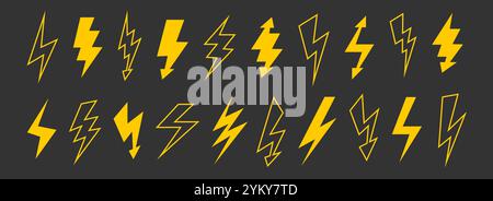 Yellow lightning bolt set. Solid and outline thunder bolt symbol collection. Flash thunderbolt element pack for poster, banner, graphic design, card. Golden strike arrow signs bundle. Vector Stock Vector