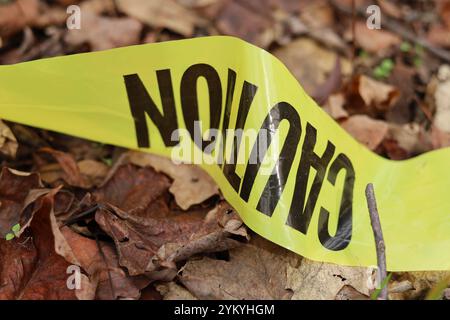 Caution yellow tape on ground with Autumn leaves Stock Photo