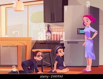 Mother catch detective kid in kitchen under table and smiling. Boy spy agent with girl investigator in sunglasses at home near fridge on floor. Cute family scene and modern interior game environment Stock Vector