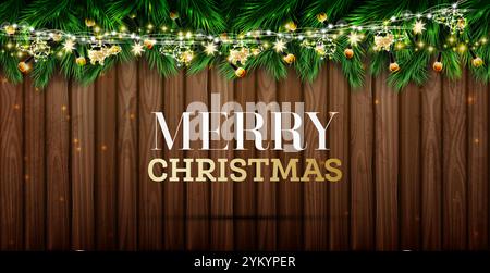 Fir branches with neon lights and helicopters on garlands. Wooden background. Merry Christmas. Happy New Year. Vector illustration. Green pine spruce Stock Vector