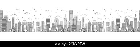 Seamless pattern with outline Miami Florida City Skyline with Modern Buildings Isolated on White. Vector Illustration. Miami USA Cityscape. Stock Vector