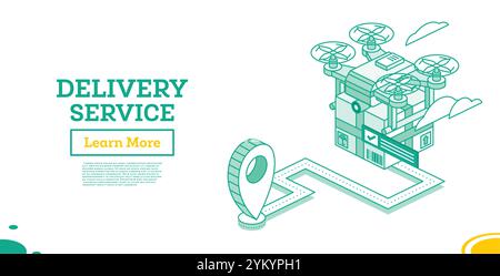Drone delivery service technology. Vector illustration. Isometric outline concept. Quadcopter with parcel. Map pointer. Drone delivers goods. Stock Vector