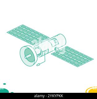 Isometric communication satellite with antenna isolated on white. Vector illustration. Wireless technology. Outline style. Stock Vector