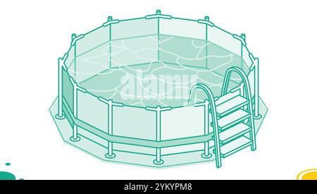 Isometric swimming pool in outline style. Empty home pool with ladder. Object isolated on white background. Vector illustration. Stock Vector