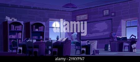 Night dark empty school classroom with wooden bookshelves filled by literature. Study tables beneath pendant lamp. Education space with world map and chalkboard on brick wall, globe and paper scrolls. Stock Vector