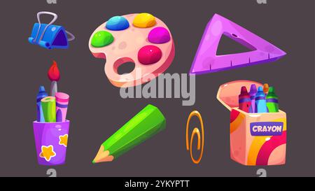 Colorful art supplies for kindergarten activities. Cartoon set of paint palette, purple ruler, pencil and clips, crayons in box and pens in decorated holder. Creative tools for school children. Stock Vector
