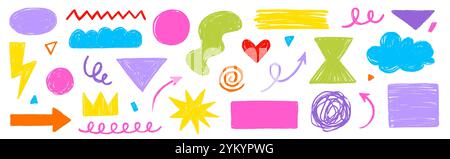 Crayon doodle color scribble line brush shape. Brush crayon pencil paint stroke texture doodle shape. Vector hand drawn frame background set of abstract design graphic figure. Vector illustration Stock Vector