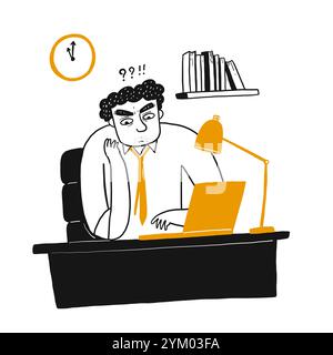 Young man thinking and looking a laptop at him office. Hand drawn doodle style vector design illustrations. Stock Vector