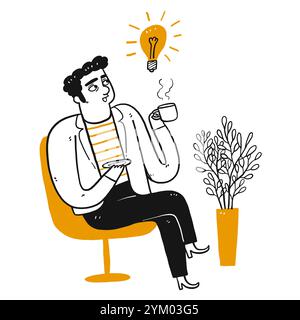 Businessman, male office worker, sitting at his workplace, holding and drinking hot coffee, thinking and getting idea. Outline, thin line art, linear, Stock Vector