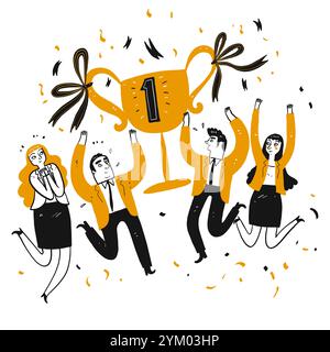 Business People and office colleague, give thumb up, applaud and congratulation to excellent employee who holding trophy and winning award. Line art, Stock Vector