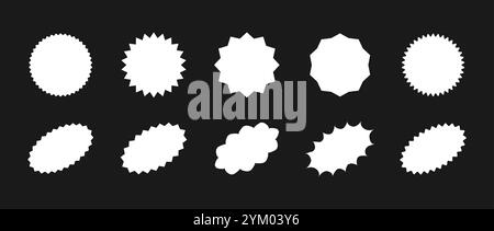 Starburst price. Round and oval sunburst labels and buttons. Simple icon for promotion design. Vector illustration. White icons on black background Stock Vector