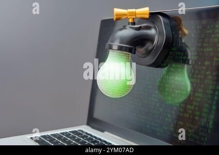 A laptop and a faucet with binary code. Data leaks and cybersecurity concept. Stock Photo