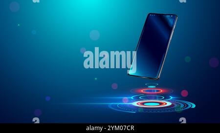 Phone on tech circle stage. Phone mockup on futuristic podium. Phone in air over podium for presentation. Smartphone or gadget mockup advertising on f Stock Vector