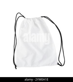 white backpack with black string isolated on a white background Stock Photo