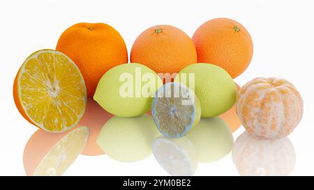 Still life of fruit. Various citrus fruits are arranged on the table: oranges, lemons, mandarins, clementines. Stock Photo