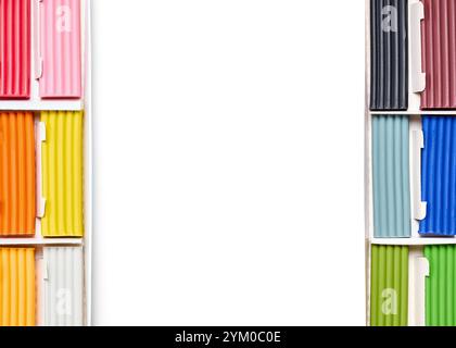 Artistic plastic clay for modeling in boxes with copyspace mock up for poster design. Children multicolored plasticine modeled for learning craft. Art Stock Photo