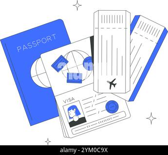 Passport, Visa, And Boarding Tickets In Flat Vector Illustration Symbolizing International Travel, Documentation, And Tourism, Isolated On White Stock Vector