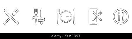 Diet and Meal Management Line Icon Set, Featuring Cutlery, Time, and Mobile Tracking Symbols. Meal Timing Concept. Editable Stroke. Isolated Vector Stock Vector