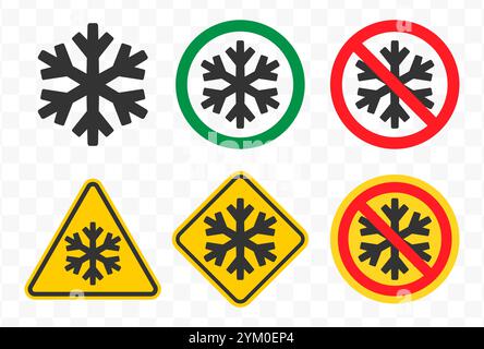 Do not freeze icon symbol set.  No freezing logo sign. Snowflake ice, prohibition, prohibited, not allowed, forbid. Vector illustration. Isolated on Stock Vector