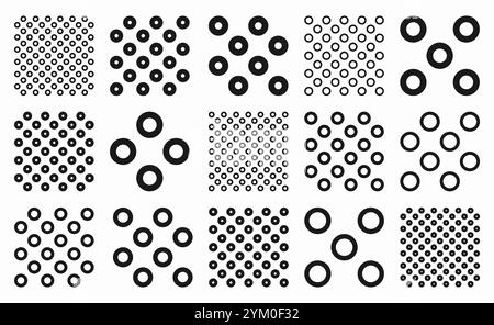 Set of black and white minimalist seamless vector patterns featuring circles and rings in various grid arrangements. Perfect for backgrounds, textiles Stock Vector