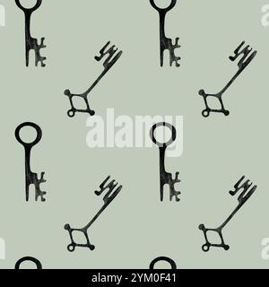 Seamless pattern with old worn keys, hand drawn key with vintage texture, on pastel green background. Vector illustration Stock Vector